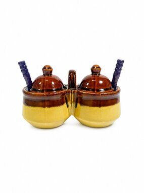 Stoneware Pottery Condiment Dish Double Vintage Bowl Taiwan Dish Handle Brown Sp